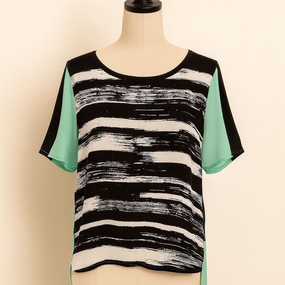 Attention Mint Green & Black Abstract High-Low Blouse | Size S - Picture 1 of 4